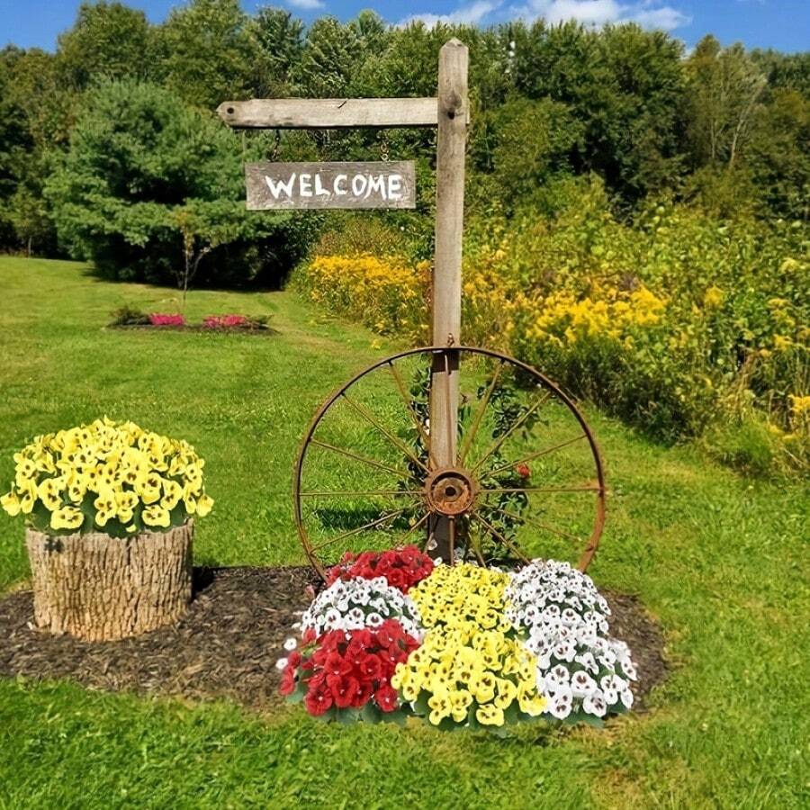 5/10pcs Outdoor Decorative UV-Resistant Artificial Pansy Flowers - Vibrant Yellow, Red And White Blooms, Suitable For Garden, Porch, Patio And Windowboxes Decoration, Vintage Wreath-Shaped Flower Pots, UV-Resistant Artificial Outdoor Florals