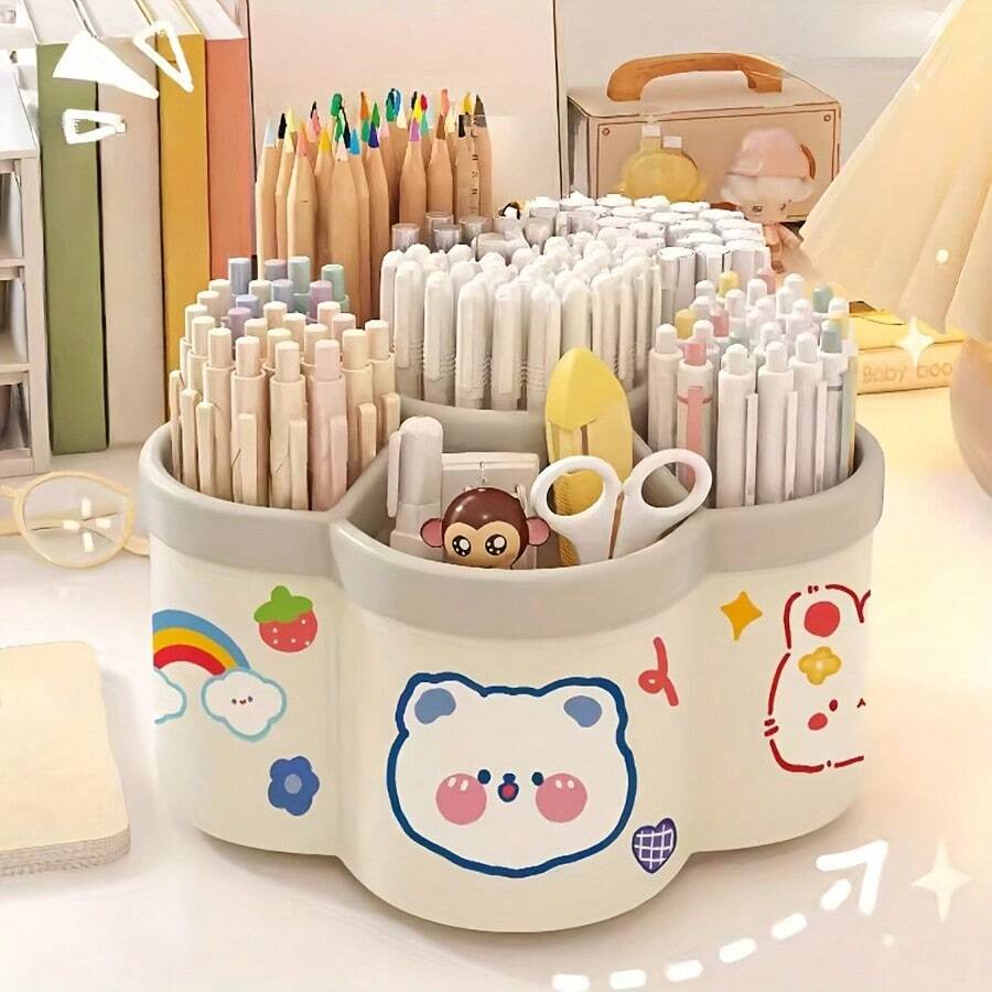 Rotating Desk Organizer, Multi-Compartment Storage Caddy For Stationery, Makeup Brushes, Lipsticks, Eyebrow Pencils - Durable PP Material, Fragrance-Free, Ideal For Dorms And Office Desk Organization