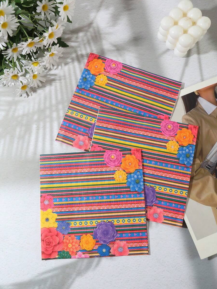 48pcs 33*33cm/12.99*12.99in Disposable Paper Napkins, Colorful Flower Pattern Mexican Theme, Suitable For Various Theme Parties And Daily Use
