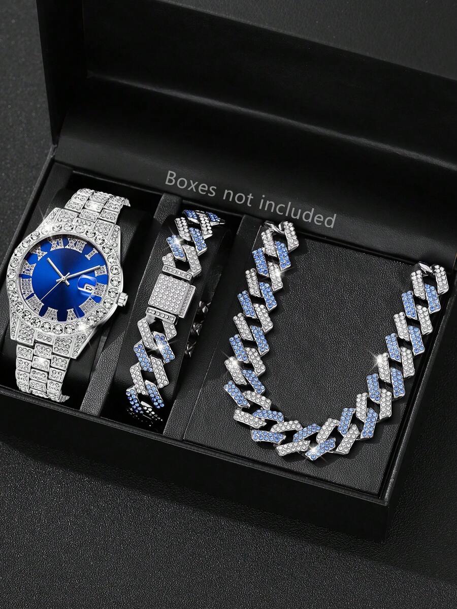Conjunto de 3 pulseras de reloj de hombre de aleación de plata, con esfera azul con calendario, escala romana con brillantes, reloj de cuarzo, pulsera y collar de joyería, adecuado para uso diario o como regalo a amigos