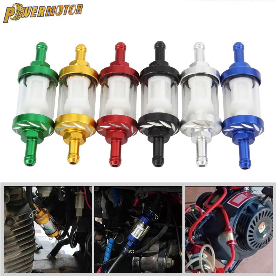PowerMotor Accesorios de motocicleta de gasolina: Filtro de combustible de vidrio para pitbike minimoto de 125cc, 140cc, 150cc, 160cc, filtro de aceite de aleación de aluminio CNC de 8 mm para scooter, cafe racer, piezas de carreras Gy6