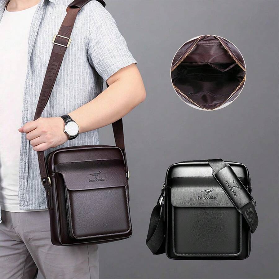 Men's Professional Shiny Leather Messenger Bag, Suitable For Business Travel, Men's Fashion Black Synthetic Leather Crossbody Bag - Adjustable Strap, Multi-Compartment Business Casual Shoulder Bag With Embossed Dinosaur Logo, Suitable For Office Use, Multi-Function Messenger Bag | Men's Fashion Accessory | Metal Zipper Trim Mini Bag Small Bag Purse Small Bag For Men Retro Bag Body Bag For Men Side Bag