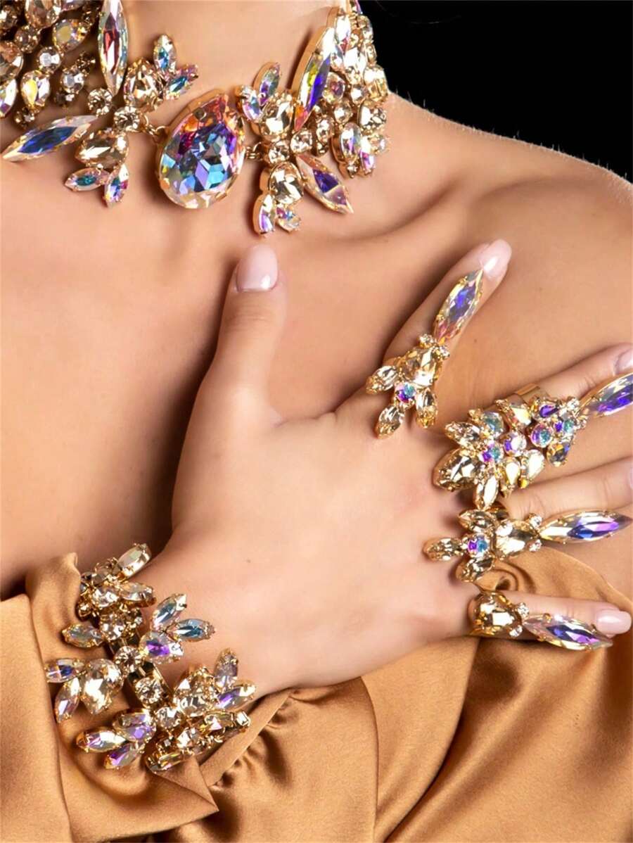 3 Stücke Set funkelnd AB Kristall Halskette, Armband und Ring Schmuckset, luxuriöses Braut Hochzeitsparty Accessoire, Schmuckgeschenk für Frauen