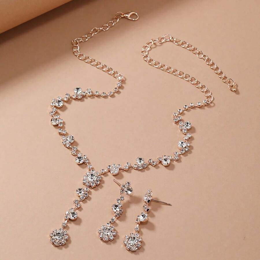 Luxuriöses Strass-Halsketten- und Ohrringset, elegantes Braut-Zubehör, Hochzeitsschmuck, Party- und Bankett-Schmuck