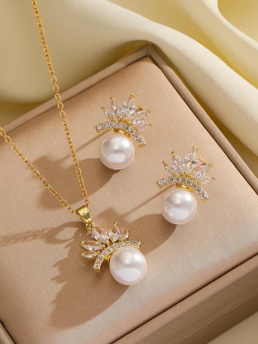 1 Set Stainless Steel Crown & Pearl Necklace Earrings, Luxurious Micro-Inlaid Personalized Banquet Jewelry Gift