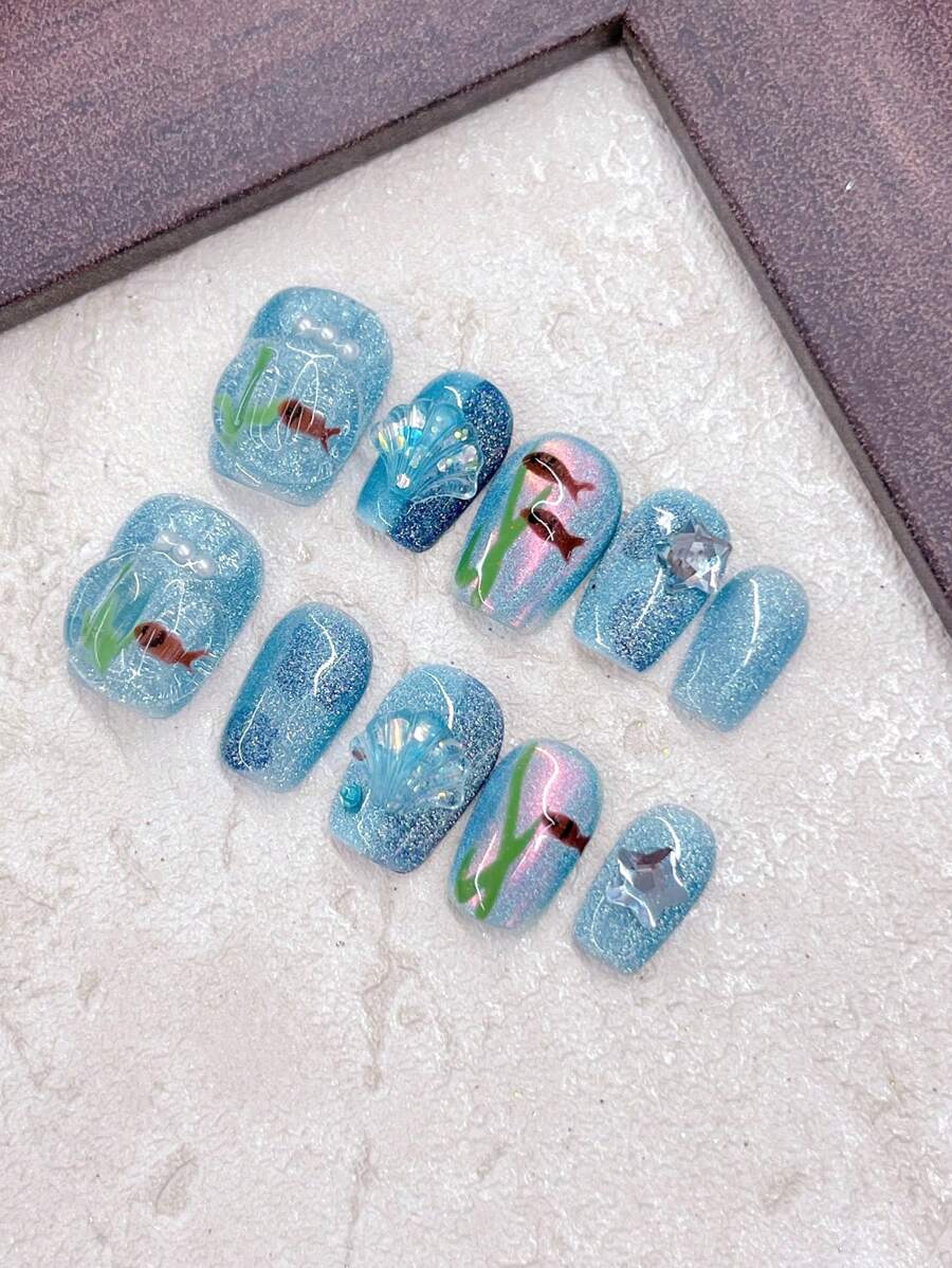 10PCS Blue Press On Nails Short Nails Ocean Shell Underwater World Summer Beach Essentials Nails Home DIY Nail Design Full Coverage Fake Nail Tips Artifical Fingernails For Women And Girls Manicure Supplies Office Daily Wear False Nails Purely Hand-Wear Nails Purely Hand-Wear Nails