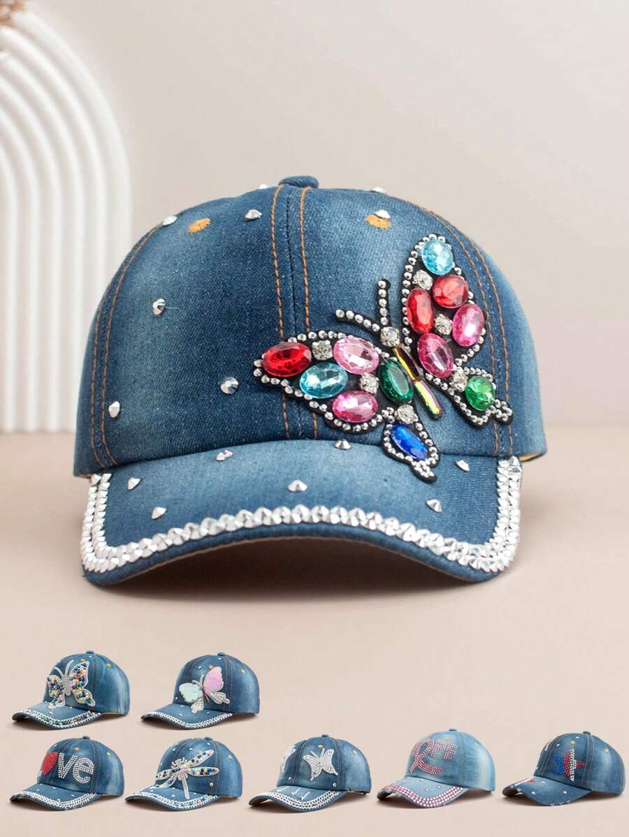 1 Stück Damen Mode Baseball Kappe mit Schmetterling Strass, vielseitig einsetzbarer Outdoor Lässig Sonnenhut mit farbigen Strass-Akzenten