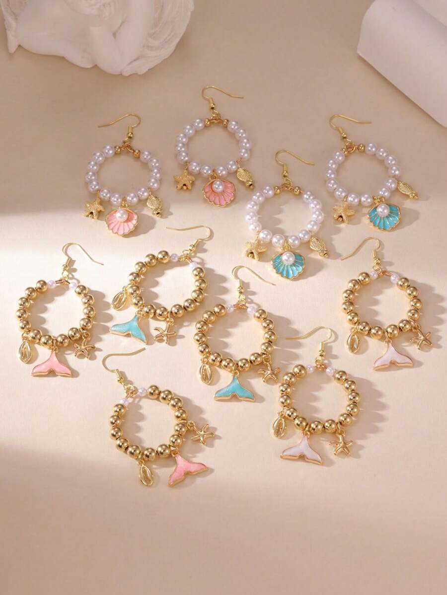 MESTILO 2pcs Tropical Style Metal Faux Pearl Oil Drop Starfish, Fish, Seashell Design Earrings Suitable For Women Holiday & Vacation Wear