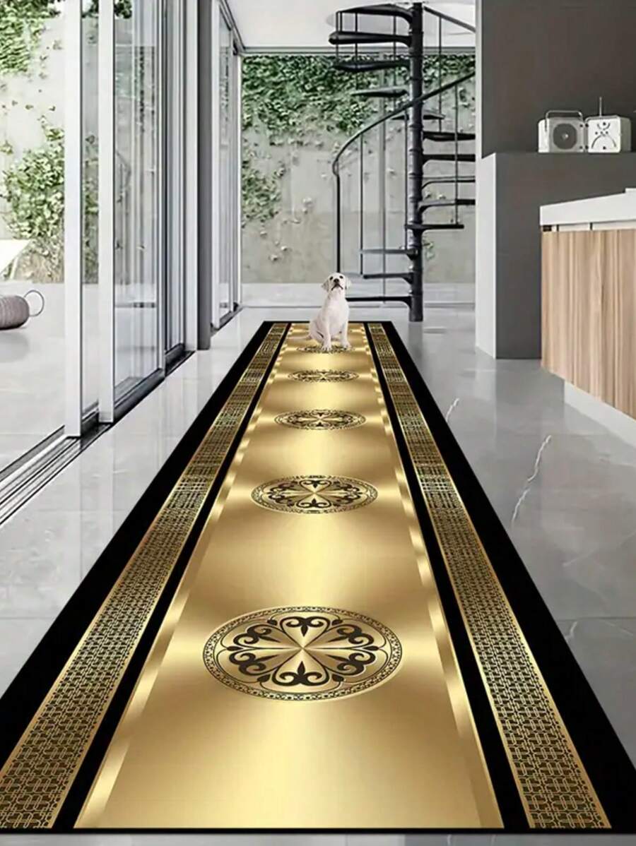 1pc Gold Metallic Rectangular Decorative Carpet, Suitable For Living Room, Bedroom, Entryway, Kitchen, Staircase, Hallway, Corridor, Hotel Use, Home Decor, Outdoor Mat, Garden Mat