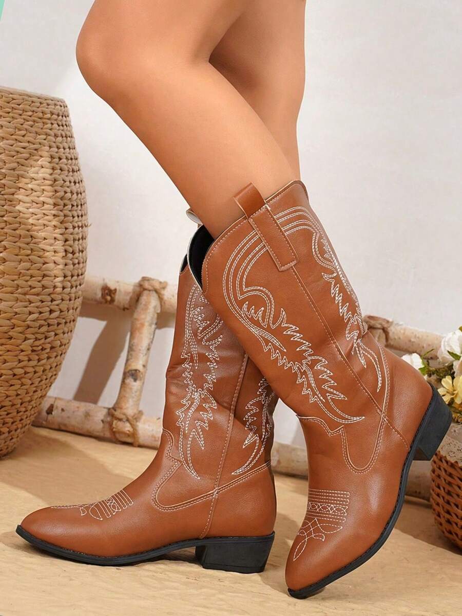Women's Fashion Embroidered Leather Brown Western Boots, Pointed Toe Chunky Heel Mid-Calf Boots, Stylish Low Heel Chunky Heel Punk Chelsea Boots For Outdoor Casual And Fashion