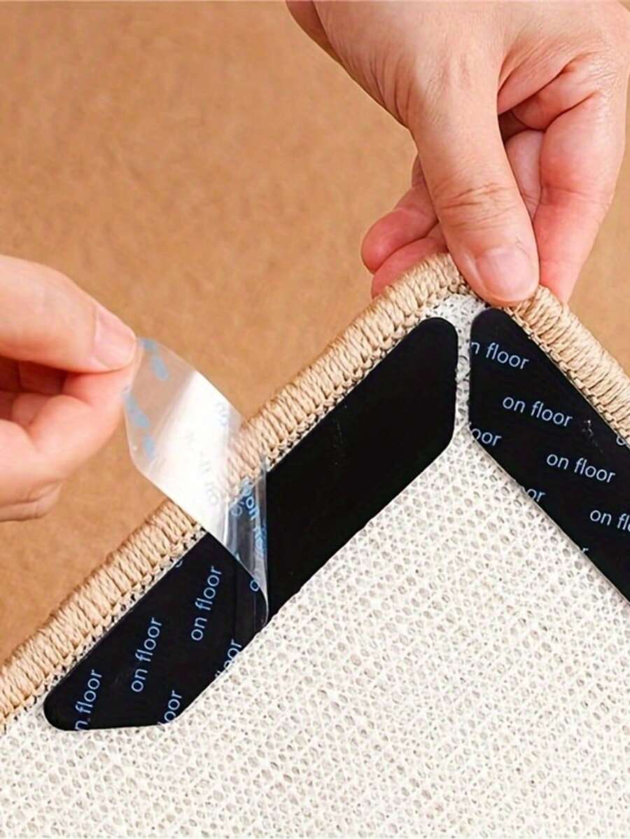 4pcs Black Non-Slip Rug Clip Pads - Durable Rubber, Washable And Reusable, Great For Keeping Rugs In Place On Hardwood Floors, Rug Pad Clips