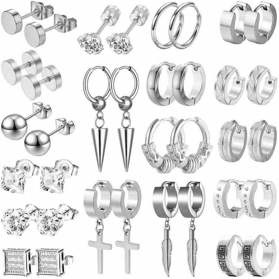 36PCS Men's Stainless Steel Earrings Set - Silver Cross/Hoop/Stud Multipack Hypoallergenic Body Jewelry For Men, Perfect Gift For Birthday Party & Casual Wear