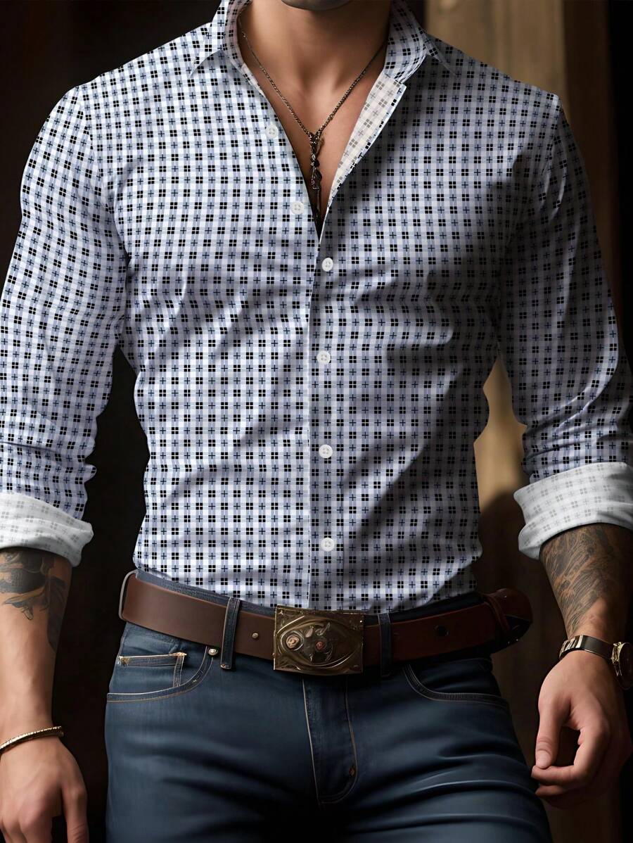 Camisa casual a cuadros para hombres, camisa de manga larga retro a cuadros de peso ligero, camisa elegante de manga larga para hombres