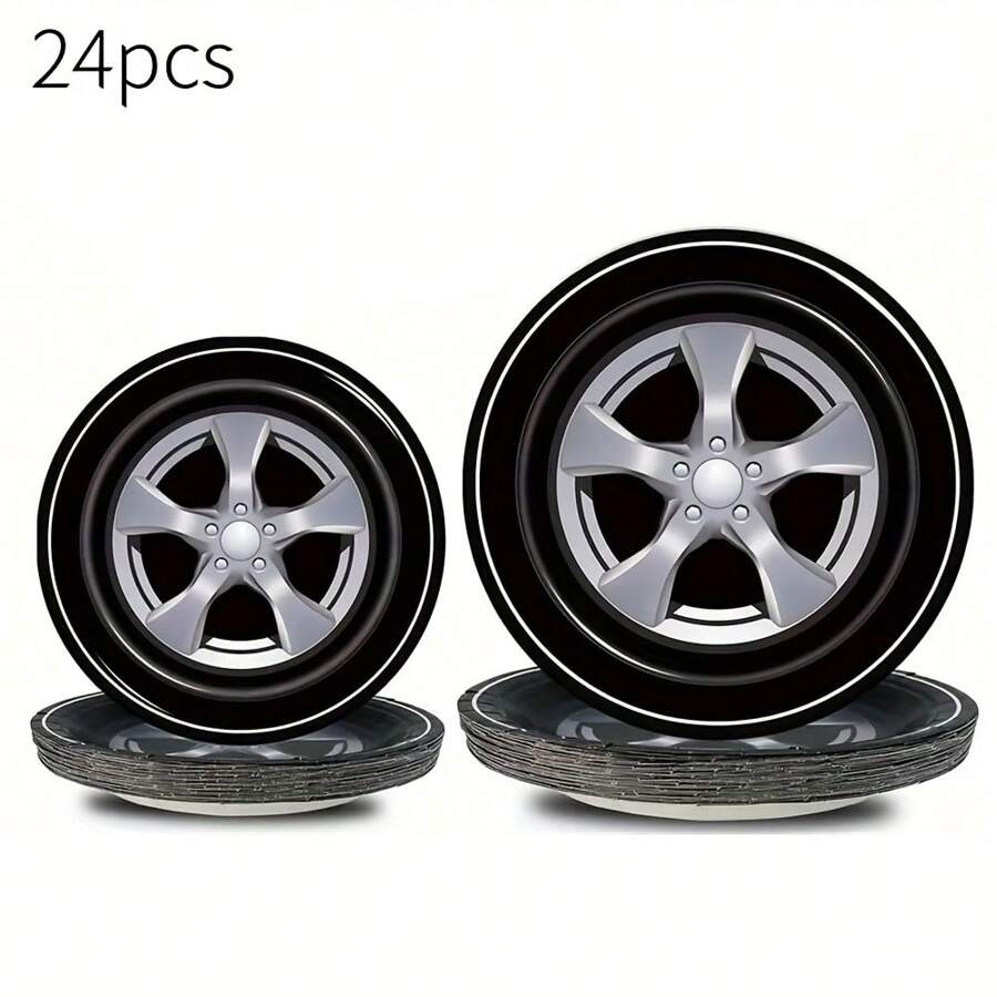 24pcs Black Tire Design Disposable Paper Plates, 7 And 9 Inches Heavy Duty Black Disposable Dinner Plates, Suitable For Racing Events, Competitions, Birthday Parties, Theme Parties, Outdoor Gatherings, Family Occasions
