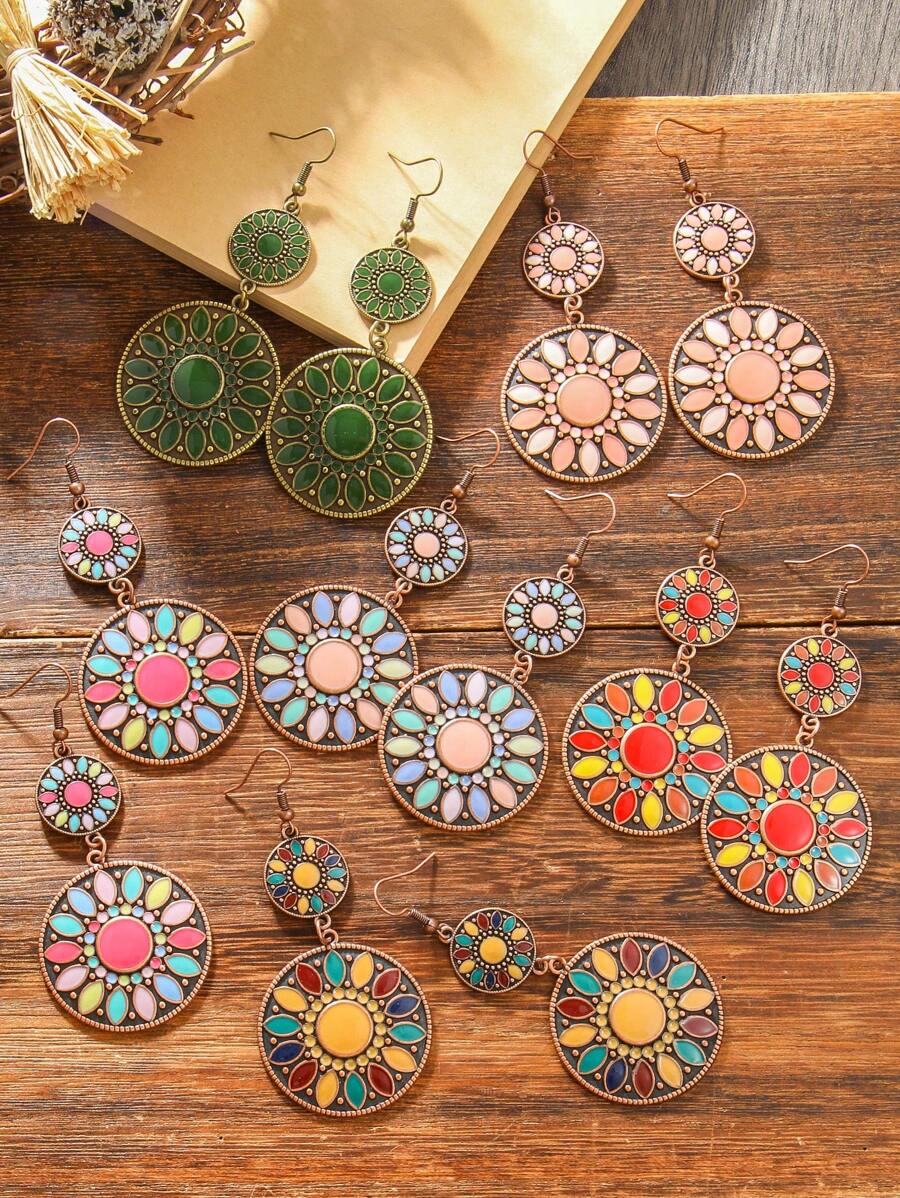 TopHanqi Conjunto de 6 pares de brincos vintage femininos, brincos circulares geométricos com gotas de óleo e cores boêmias, vários estilos e designs, adequados para o dia a dia, viagens, festas, todas as estações