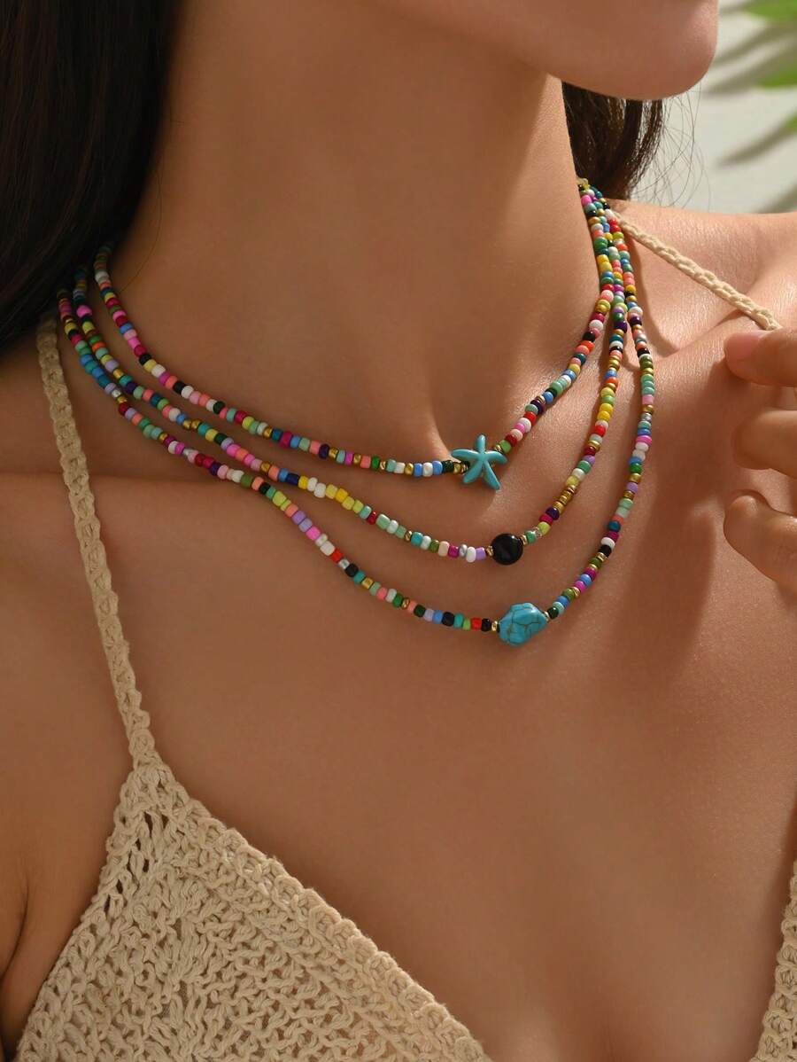 3 Stücke/Set Boho Sommer Urlaubsstil Perlen, Glassee-Stern Anhänger mehrschichtiges Perlenkette, geeignet für Frauen Strandurlaub