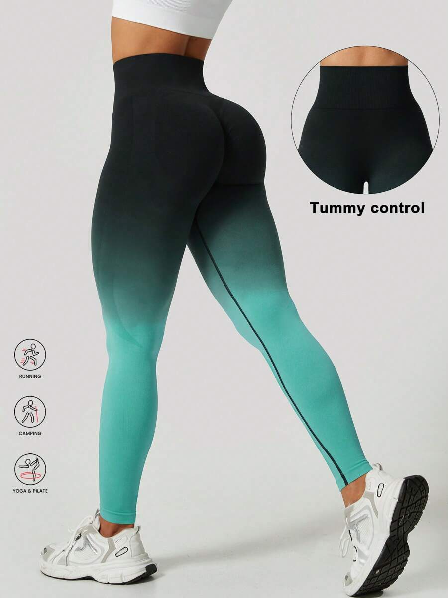 Pantalones de yoga de mujer fashion de verano con efecto degradado melocotón y levantamiento de glúteos, mallas sin costuras de cintura alta para adelgazamiento y entrenamiento