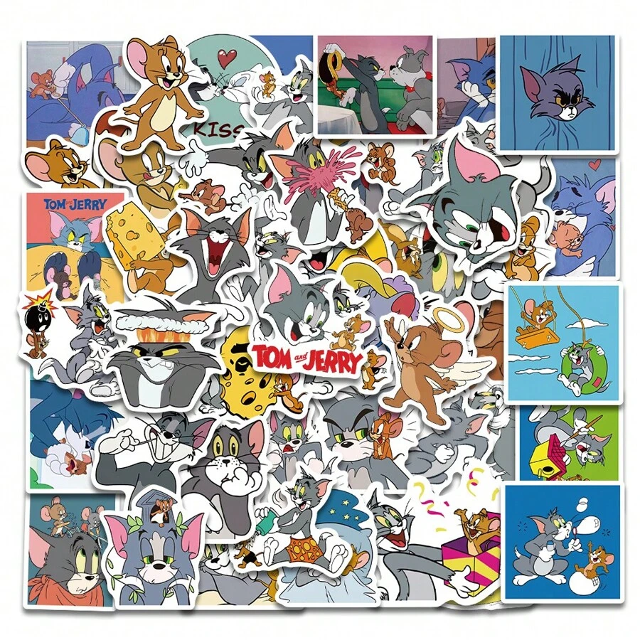 TOM AND JERRY. 50PCS Cartoon Cat And Mouse Stationery PVC Stickers For Phone Laptop Funny Graffiti Sticker Decal,School Supplies,Back To School