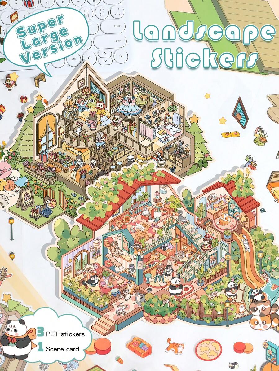 2pcs/1pc Large Size 3-Layer Decorative DIY Landscape Stickers, 3D Miniature House Micro-Scene Stickers For Children DIY Scrapbooking Toys, Landscape Stickers, Scene Stickers, Handbook Stickers, Reusable In Multiple Sizes