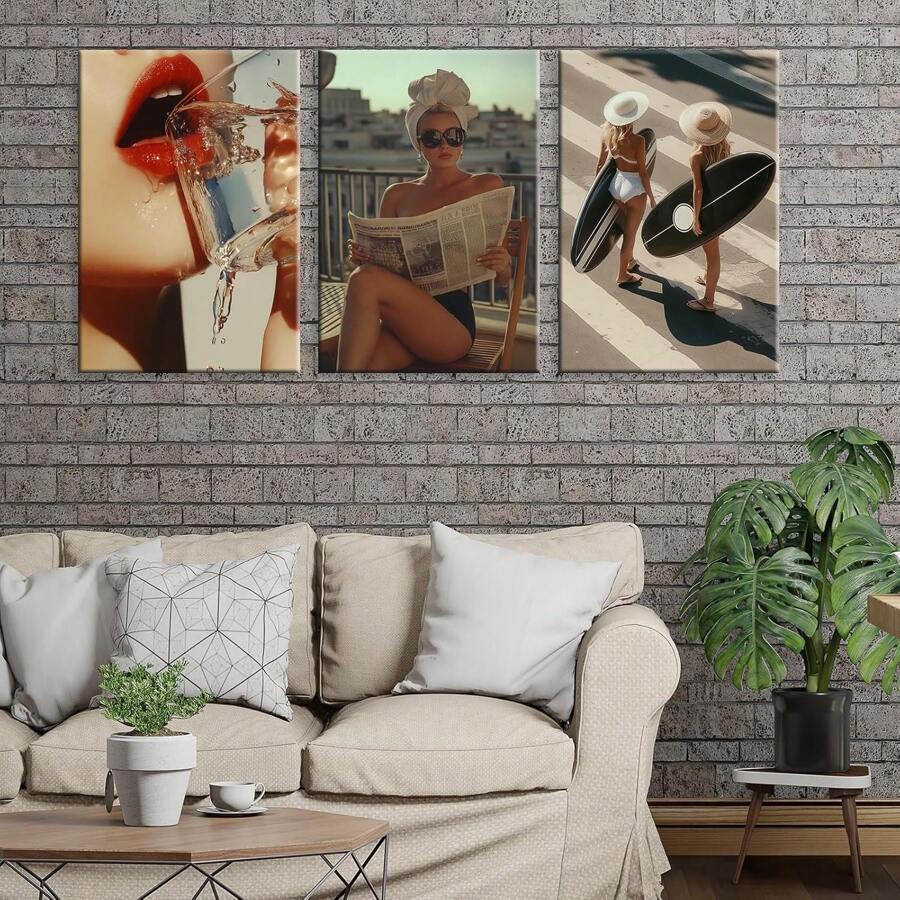 Set de 3 postere vintage cu imprimeu de surf, pictură pe pânză, înrămată, ziar de citit la modă, cameră de călătorie de vară, imprimeuri estetice pentru sufragerie, baie, dormitor, hotel, apartament, vilă, galerie, pensiune, cameră de doamne, intrare, verandă, sală de clasă, decor de perete pentru birou, gata de agățat