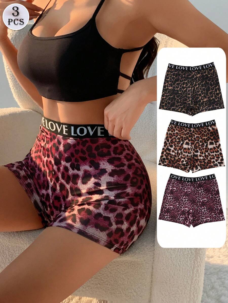 3 PCS Women's High Waist Boxer Shorts Sexy Leopard Print Panties Seamless Letter Belt Briefs Tummy Control &Butt Lifter Stretch Sporty Underwear