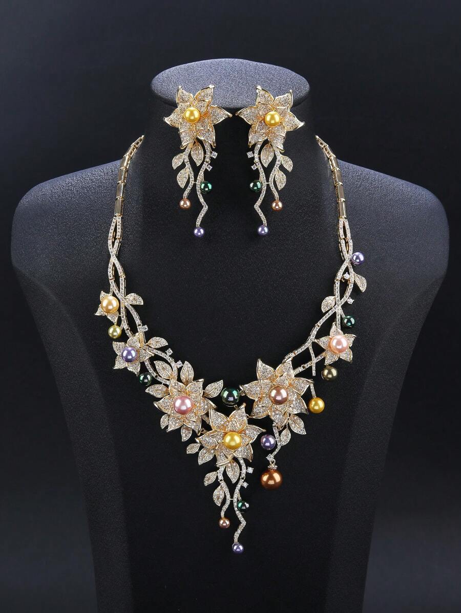 3 pièces/set de bijoux de luxe en zircone cubique et faux perle - collier et boucles d'oreilles, convient pour mariage, robe de soirée, vacances, cadeau d'anniversaire