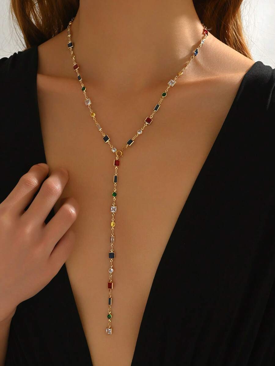 LIEBEIRIS 1 pieza Collar en forma de Y de acero inoxidable chapado en oro de 18K con circonita cúbica multicolor, adecuado para uso diario de mujeres y como regalo (color aleatorio)