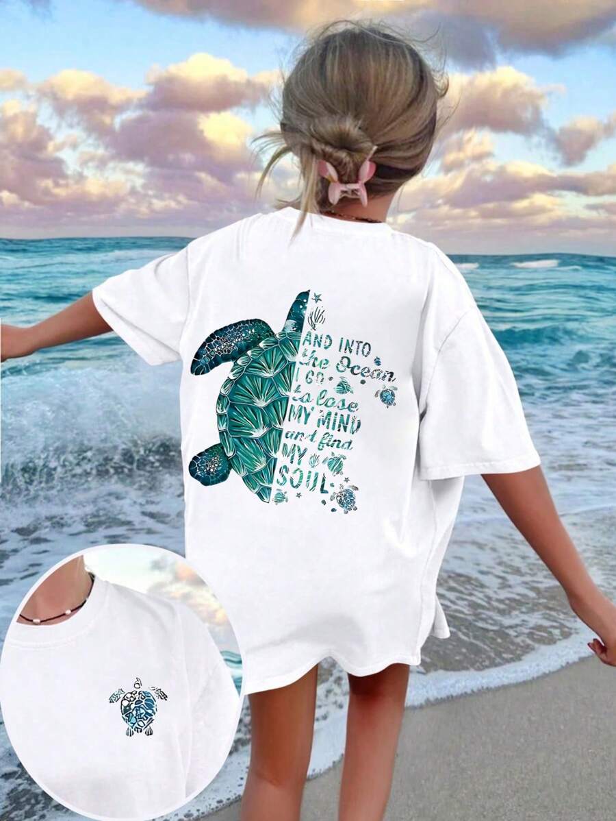 Camiseta de manga corta con cuello redondo y estampado gráfico novedoso para niñas preadolescentes, top de verano