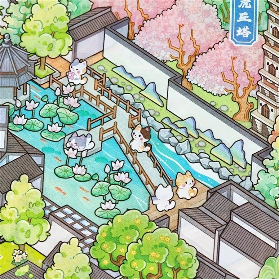 4 Sheets/Bag Miniature Landscape Stickers, Made Of Waterproof PET Material, Suzhou City Theme Series, Suitable For Scrapbooking, Diary Decoration, Gift For Festivals And Birthdays