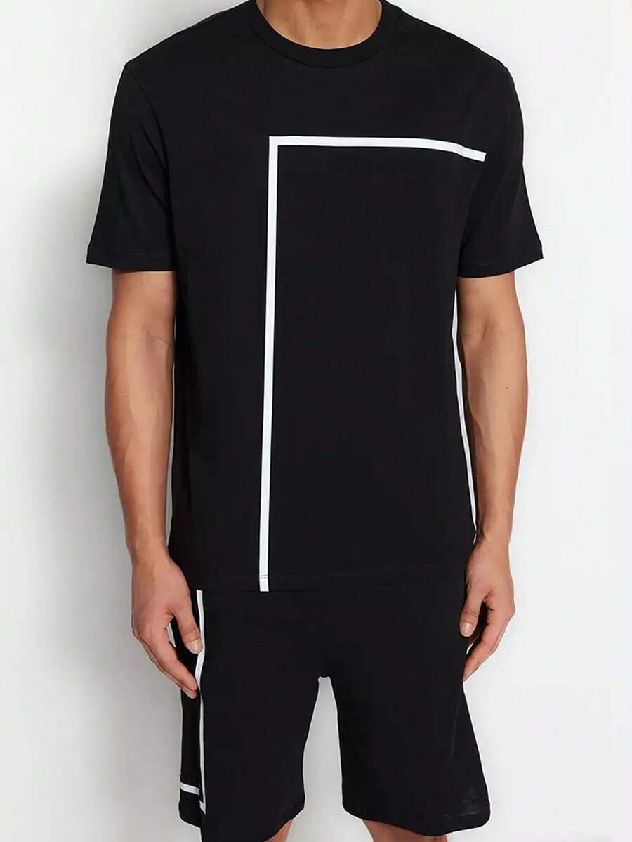 2 Pieces Men's Summer Black Crew Neck White Stripe Print Short Sleeve T-Shirt & Shorts Pajamas Set