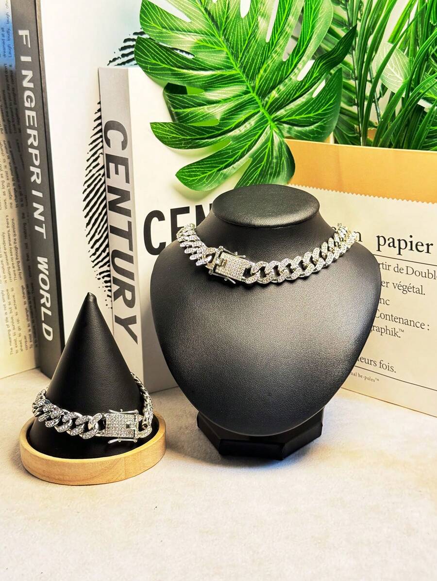 Set de 2 piezas: Collar de cadena cubana de alta gama con rhinestones y pulsera a juego, diseño unisex de hip hop, adecuado para el Día de la Madre, el Día del Padre, San Valentín, citas, bodas y uso diario