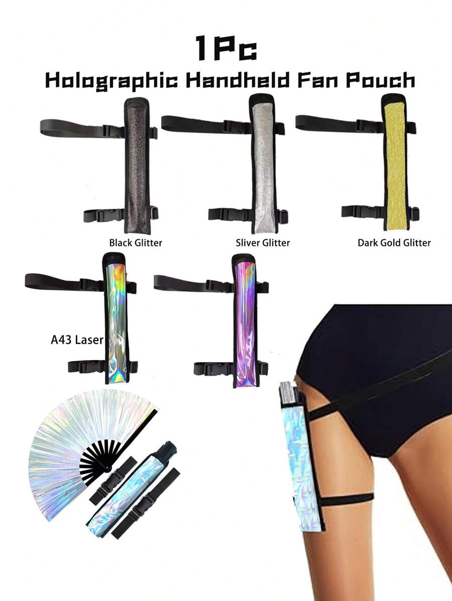 1 Stück Hologramm Handventilator Tasche mit verstellbarem Riemen, neue Kung Fu Tai Chi Fächer Tasche, Oberschenkeltasche, silber-schwarzer Blitz rosa Outdoor Sport Aktivität Tasche, Musikfestival große Karnevalsparty reflektierende Laser scharfe Tanzfächertasche, tragbare verstellbare faltbare Fächertasche, stilvoller Partyzubehör für Frauen, reflektierendes irisierendes Design, geeignet für Fanpartys, Discotanz, Heimdekoration und viele Anlässe