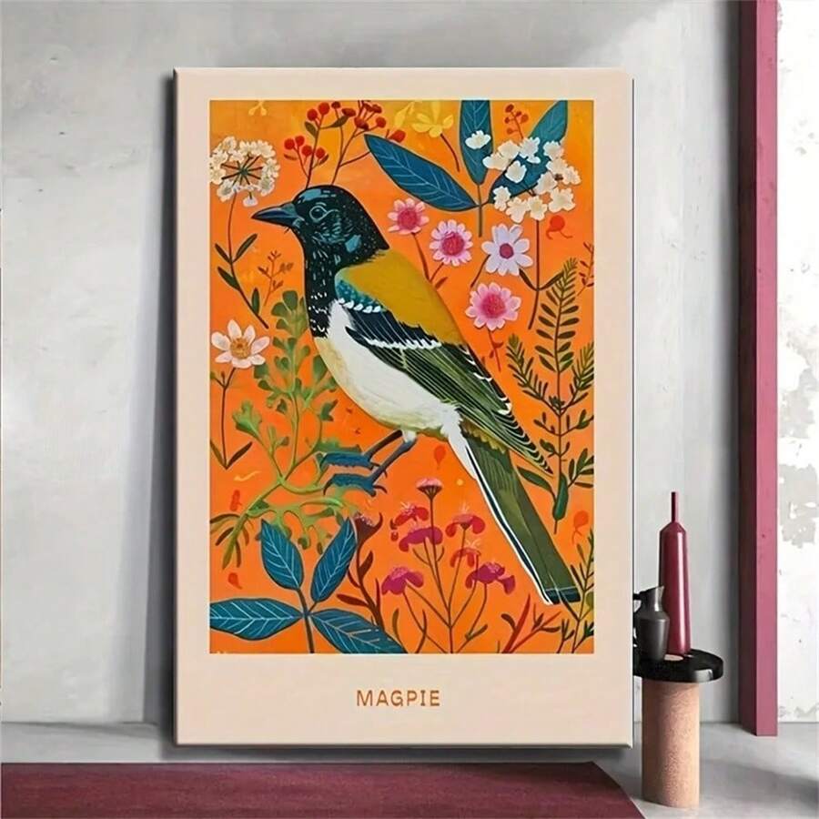 1pc Vibrant Magpie Bird & Floral Canvas Art Print - Rustic Vintage Wall Decor With | Colorful Home, Kitchen, Bedroom, Office & Bathroom Poster ,No Frame