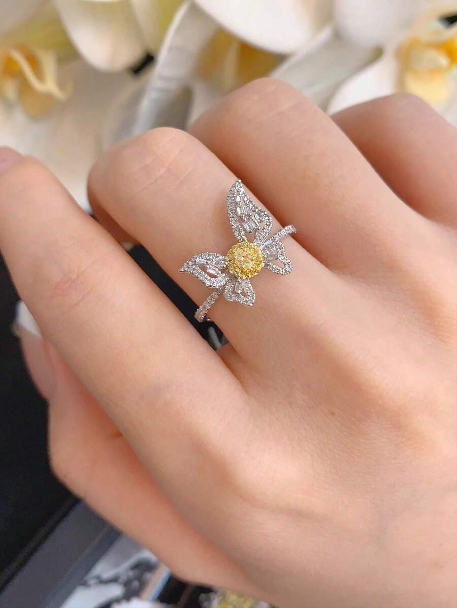 1pc S925 Sterling Silver Butterfly Design Elegant Vintage Women's Ring With Yellow Zirconia, Versatile For Everyday Wear, Suitable As Women's Gift, Jewelry