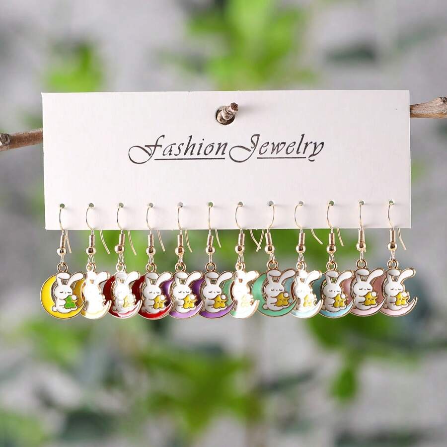 6 Pairs Cute Rabbit Pendant Metal Jewelry Earrings, Enamel Rabbit Charm Drop Earrings, Suitable For Daily Wear, Perfect For Women Birthday/Holiday Gift