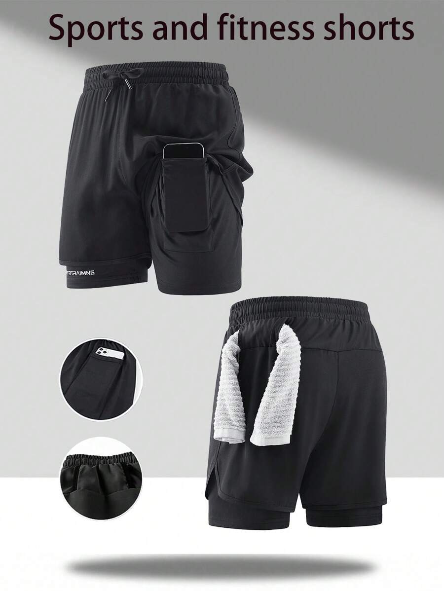 Men's Casual Loose Sports Shorts, 2 In 1 Design With Towel Rack. The Fabric Keeps You Cool And Comfortable, Without Feeling Stuffy. These Shorts Are Suitable For Hiking, Mountaineering, Outdoor Cycling, Running And Fitness Exercises.