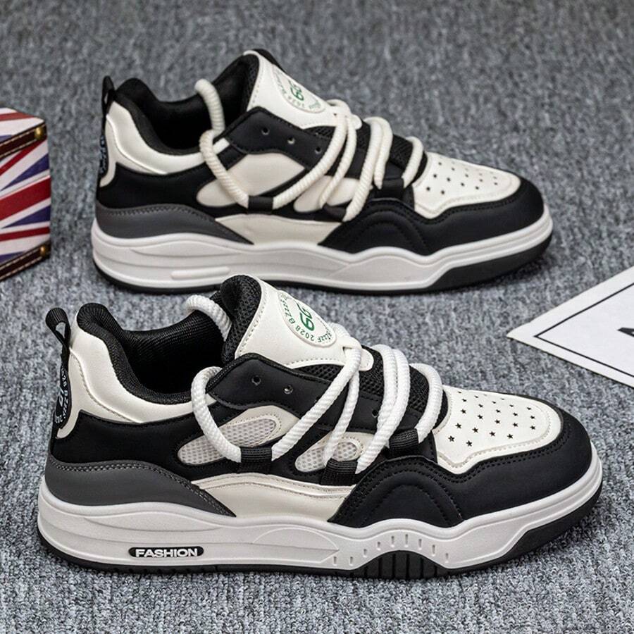1 Pair Men's Casual Lace-Up Letter Print PU Skateboarding Shoes, Non-Slip Outdoor Sports Sneakers