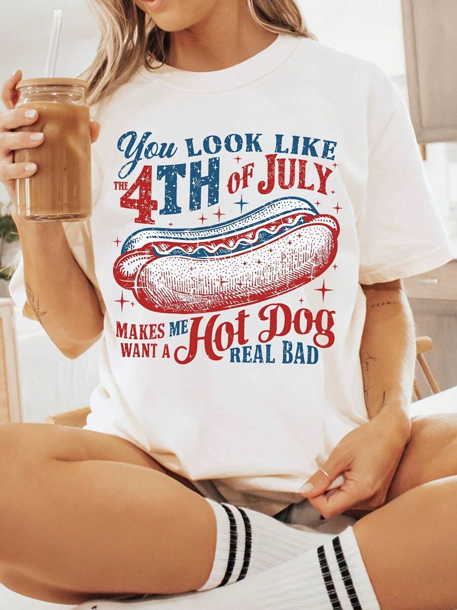 100% Cotton Women's Patriotic 4th Of July Graphic T-Shirt - "You Look Like The 4th Of July" Hot Dog Design, Casual Short Sleeve Round Neck Top For Spring/Summer