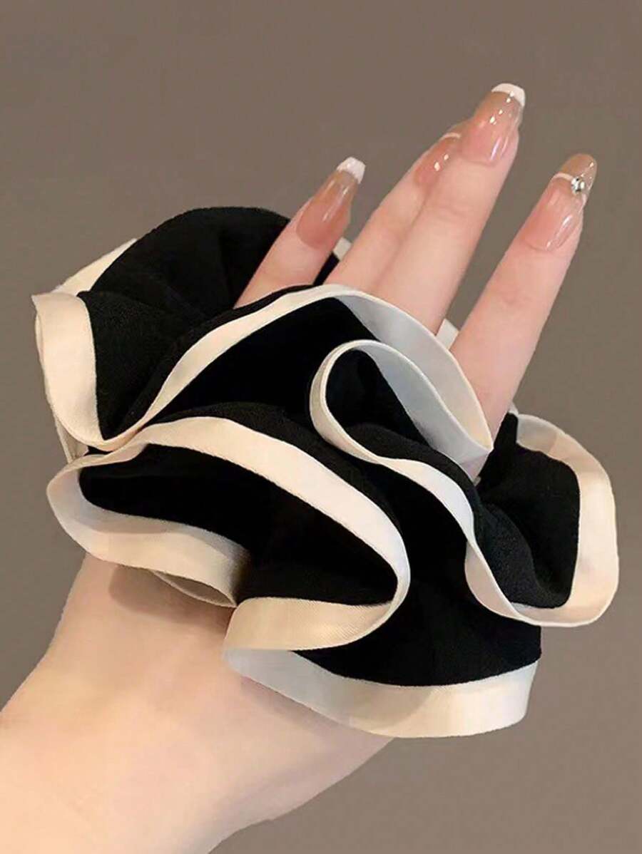 1pc French Style Minimalist Hair Scrunchies With Black And White Edges, Large Hair Scrunchies, Workplace Style Hair Accessories,Low Ponytail Hair Accessory,Large Fashionable Hair Scrunchies.Hair Ties Scrunchy Hair Ties