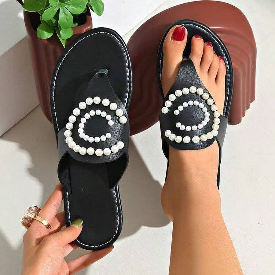 1 par de sandalias de piel con perlas de estilo bohemio, para usar en la playa, primavera/verano