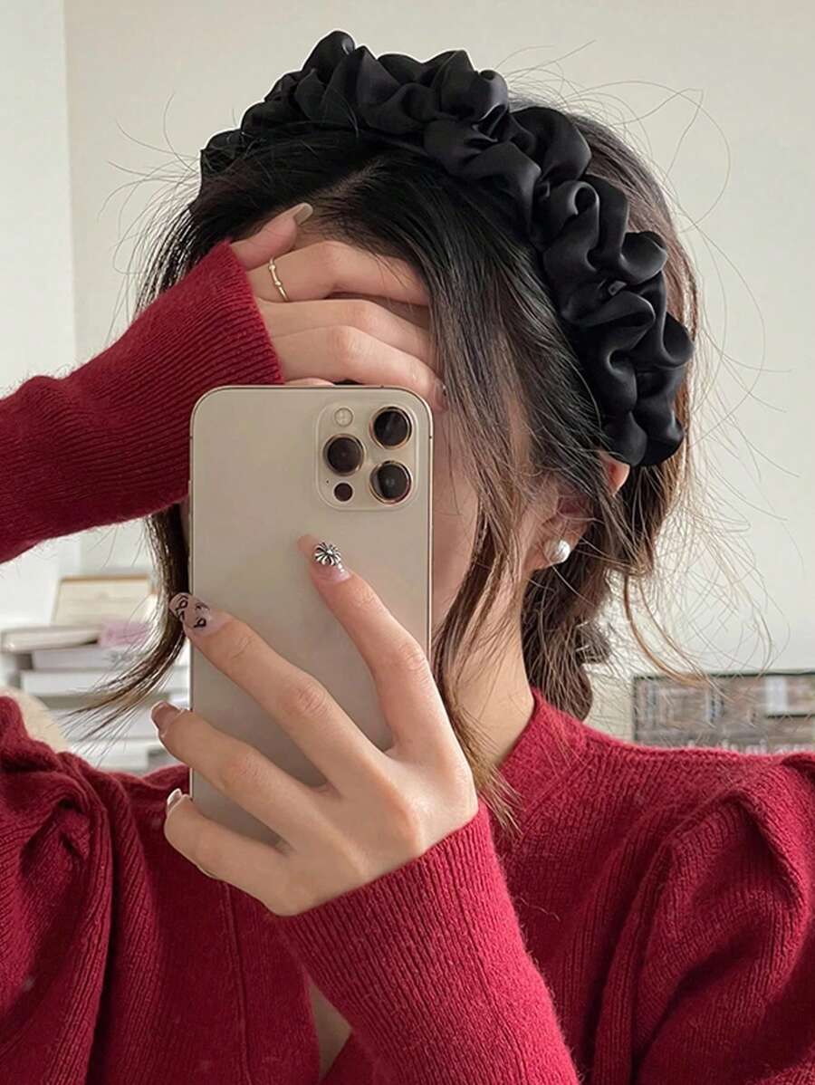 1pc Black Colon Headband, Korean Elegant Hair Accessories, Satin French Pleated Headband, High Forehead Wash Face Headband, Graceful Women Pleated Detail Fashion Hairband, For Hair Decoration