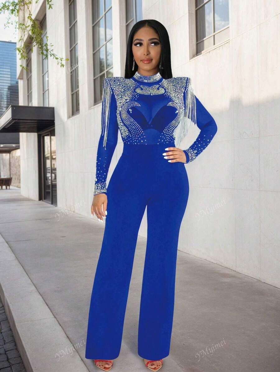 Mono de fiesta de mujer de malla transparente con flecos y rhinestones, para primavera/verano