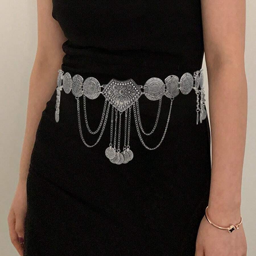 1 pièce Chaîne de taille décorative de pièce de monnaie vintage, ceinture de taille en métal bohème à franges. Accessoire de danse du ventre pour assortir une robe. Convient pour le port lors de festivals de musique et de soirées