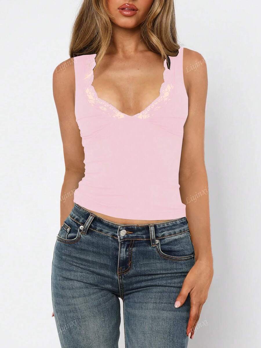 Women's Sexy V-Neck Lace Y2K Casual Vest Top, Fashion Comfortable Spring Summer Holiday Commuter