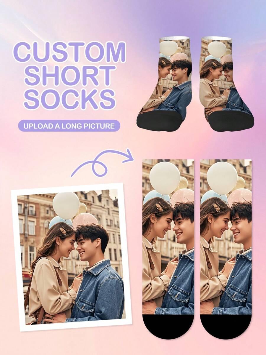 1 Pair Of Printed Socks Men, Custom Personalized Photo, Heat Transfer 360 Degree Print, Personal Face Graphic, Funny Couple Photo Graphic, Premium Summer Socks, Men's Sport Ankle Socks, White Socks For Everyday Wear, Unique Whimsical Gift For Mother's Day, Father's Day And Special Occasions, Black Socks