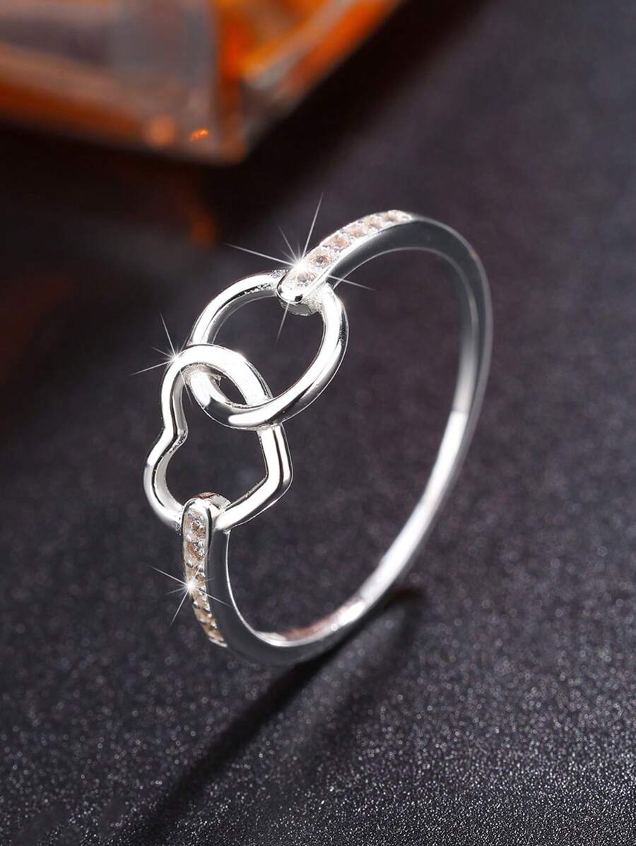 Anel feminino com design de círculo e coração vazado em prata esterlina S925, simples e elegante, acessório de moda essencial