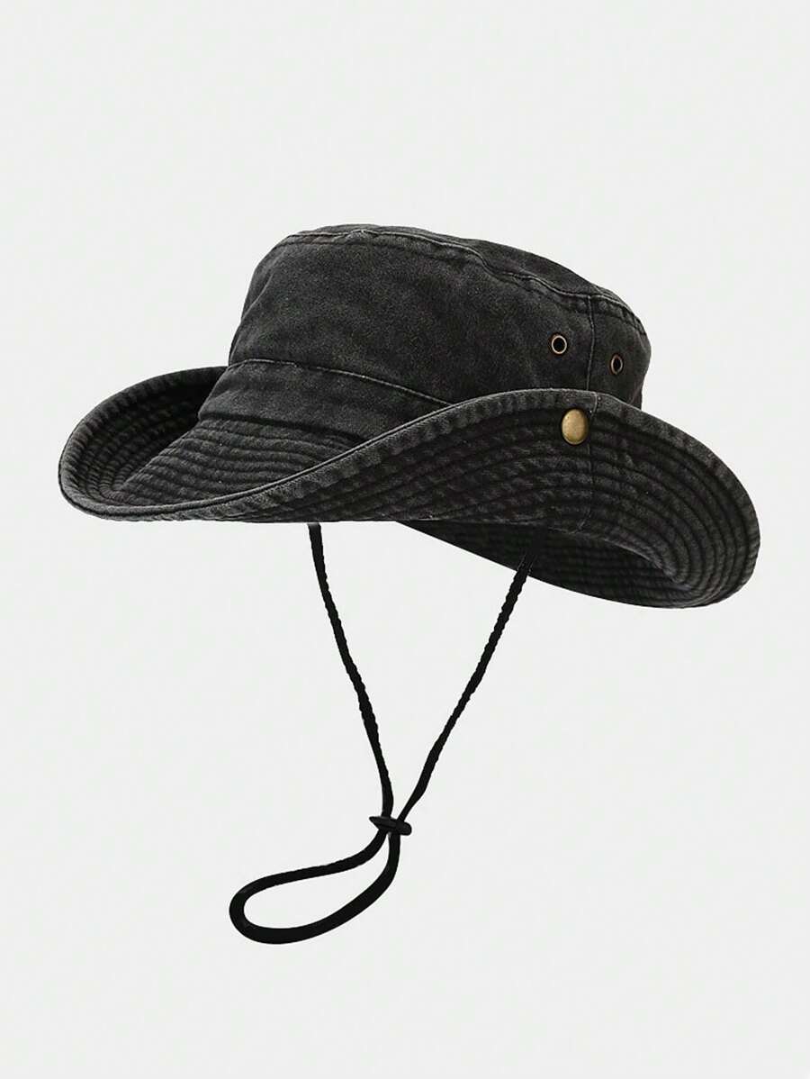 1pc Unisex Washed Bucket Hat With Rope Outdoor Men Sun Hats With UV Protection Wide Brim Foldable.Suitable For Fishing, Beach, Hiking, And Travel .Men's Sun Hat Summer Hat, Suitable For Summer Outdoor Activities Such As Hiking And Fishing
