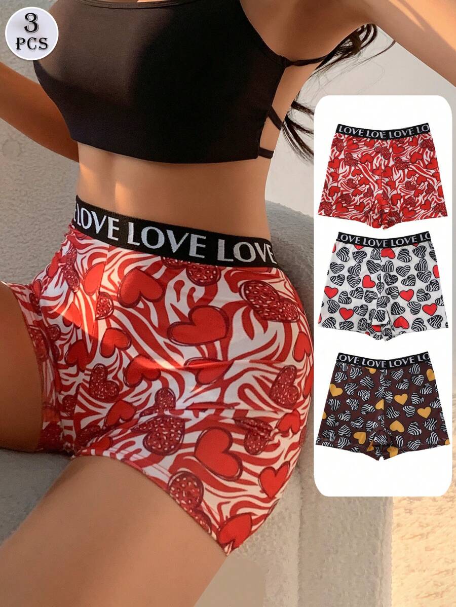 3 PCS Women's Sexy Heart Print Boxer Shorts High Waist Seamless Panties Letter Belt Briefs Tummy Control &Butt Lifter Stretch Sports Underwear