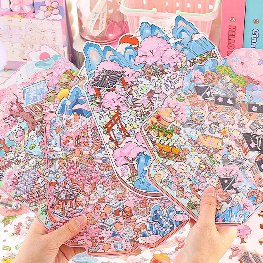 3 fogli set decorativo di adesivi della serie Sakura con 1 foglio di cartoncino 3D per diorama, adesivi artigianali stratificati per miniature e scene carine