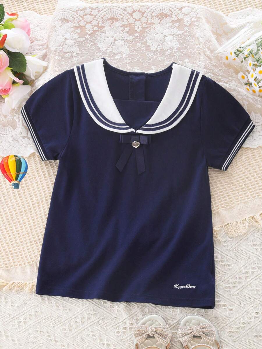 Camiseta de manga corta para niñas, estilo de escuela elegante con cuello marinero y lazo, camisa polo informal para adolescentes y estudiantes, nuevo lanzamiento para el verano